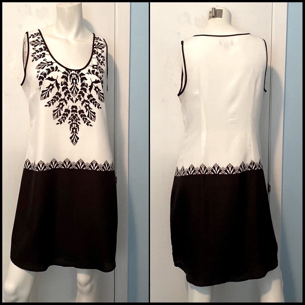 Black & White dropped Waist colour Block Dress featuring Florals